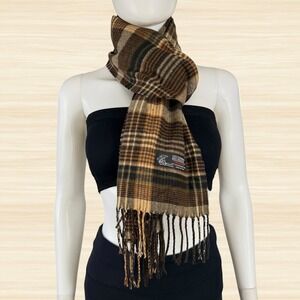 Cashmere Blend Plaid Scarf Brown Tan Tartan Fringe Italy Design Classic Preppy
